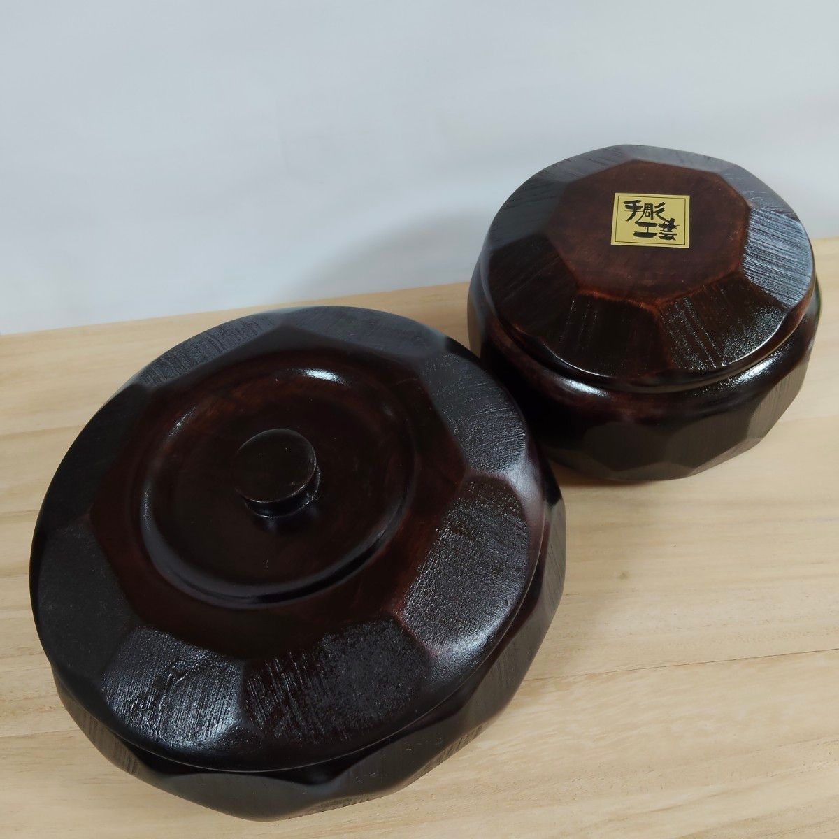 Wood Lacquer Covered Candy Bowl Canister Set Octagonal Hand Carved 2pc Japan