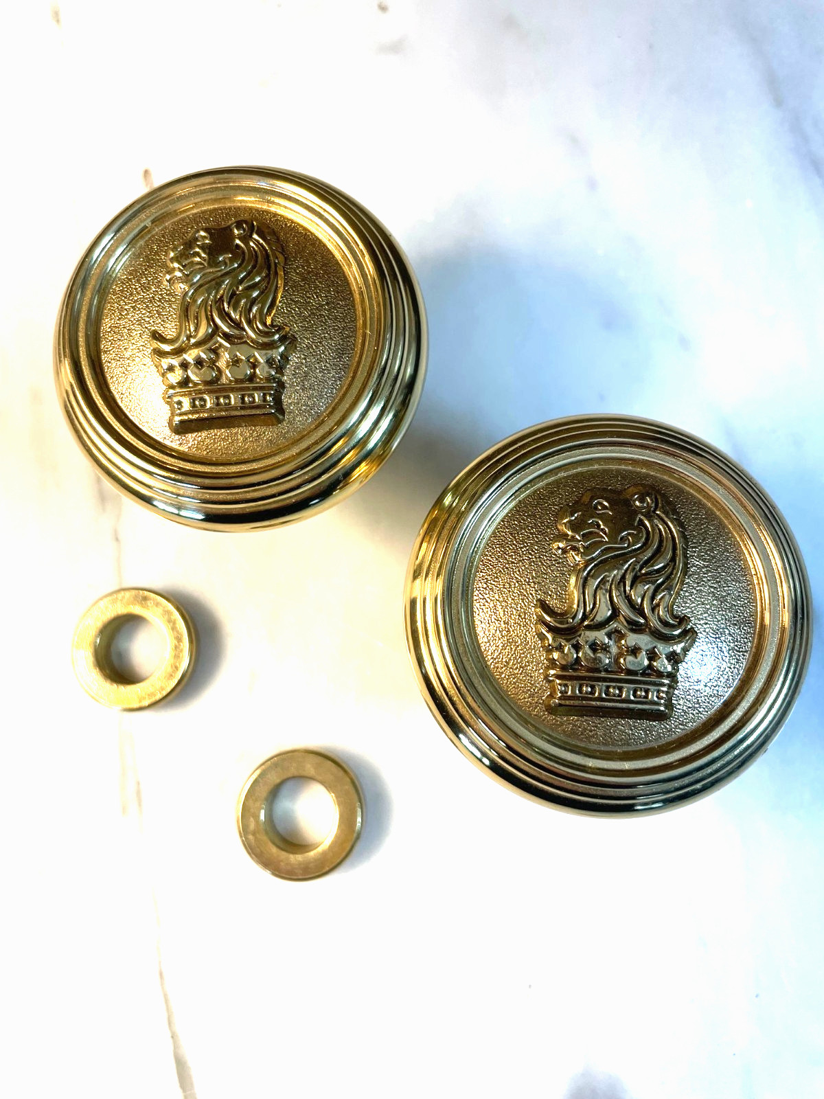 Baldwin Brass Pair of Brass Door Knobs with Lion Crest New Old Stock