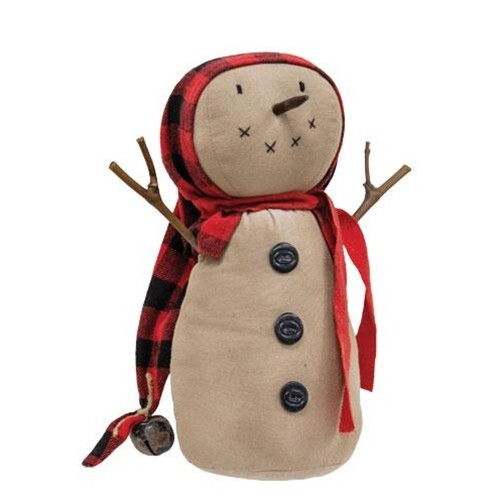 NEW PRIMITIVE SNOWMAN DOLL JINGLES Christmas 12″L x 6″ W Stained Winter Rustic