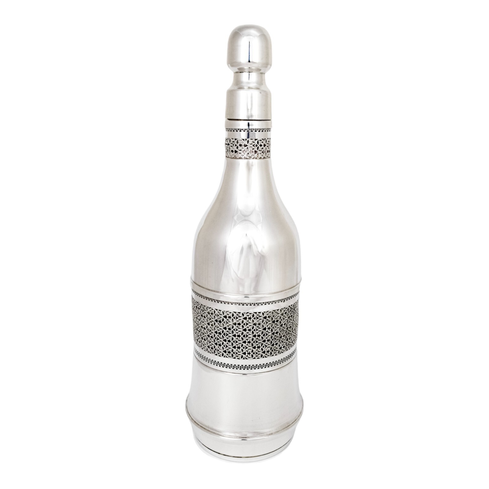 Vintage silver plated bottle sleeve, Arabesque scrolling lattice design, A.Segal