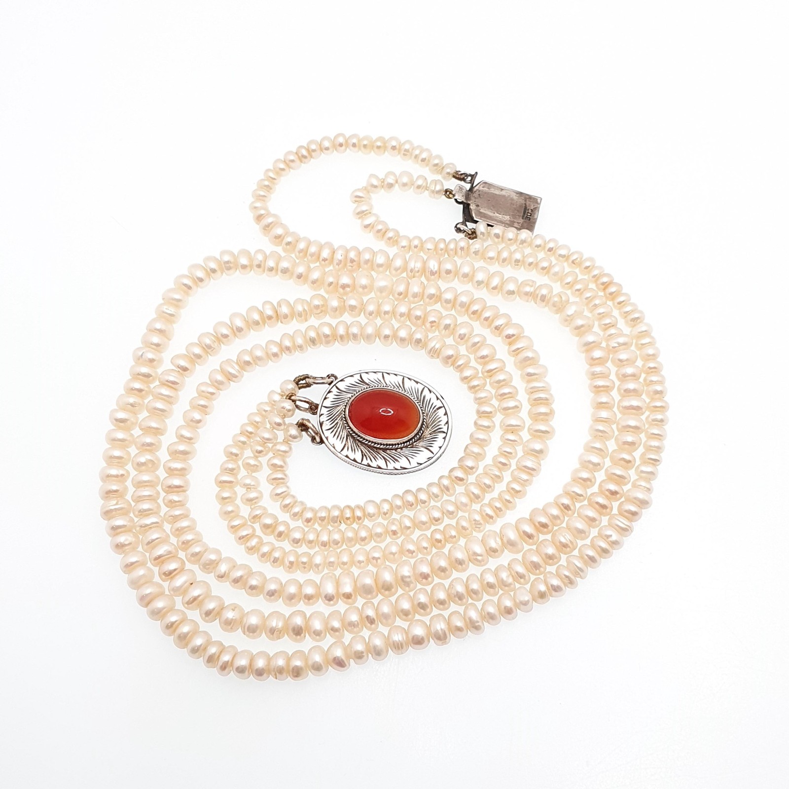 Antique Solid Silver Freshwater Pearl Necklace Large Carnelian Clasp Triple