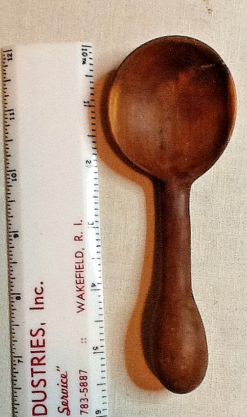 PRIMITIVE WOODEN SPOON,HAND CARVED(TREEN)SINGLE PIECE OF BURL WOOD 5.5″ 070924C