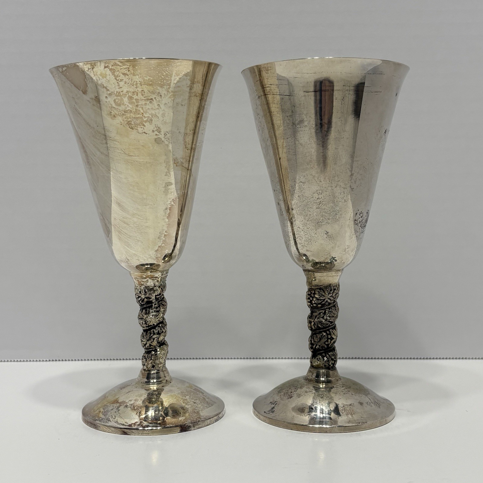 2x Plator Spain Silver Grapevine Twist Stem Vintage Goblets (1 has a crack)