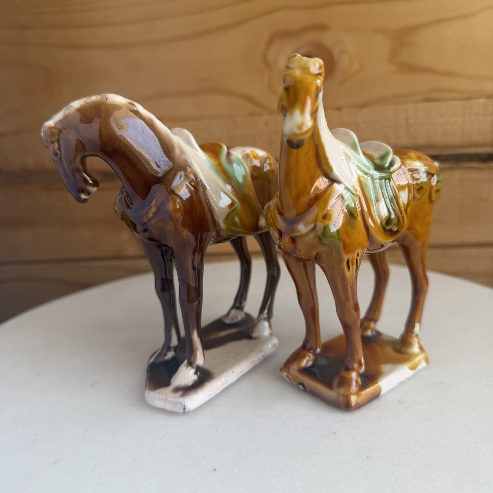 Chinese Tang Tri-Color Drip Glazed Ceramics War Horse Porcelain Statue Set Of 2