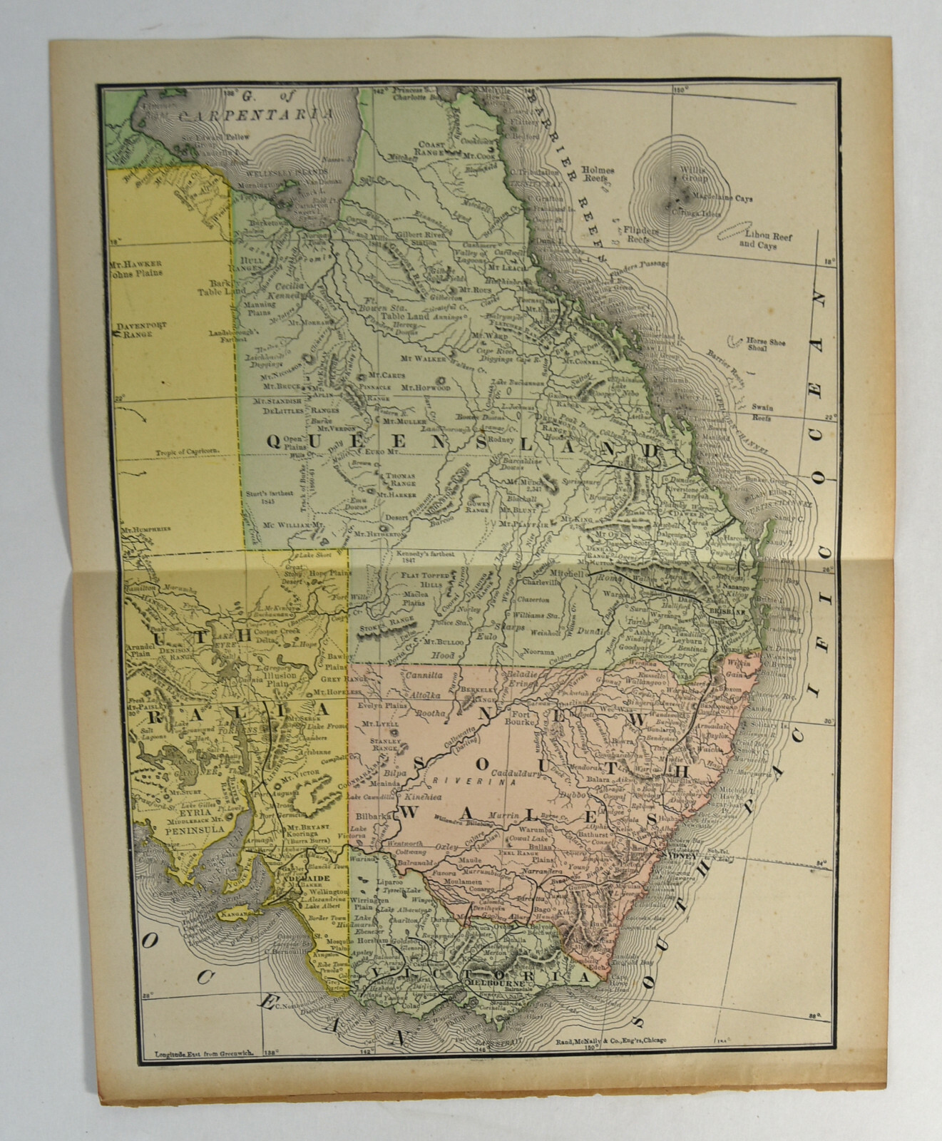 1895 NSW New South Wales Queensland Map Antique ORIGINAL 10″