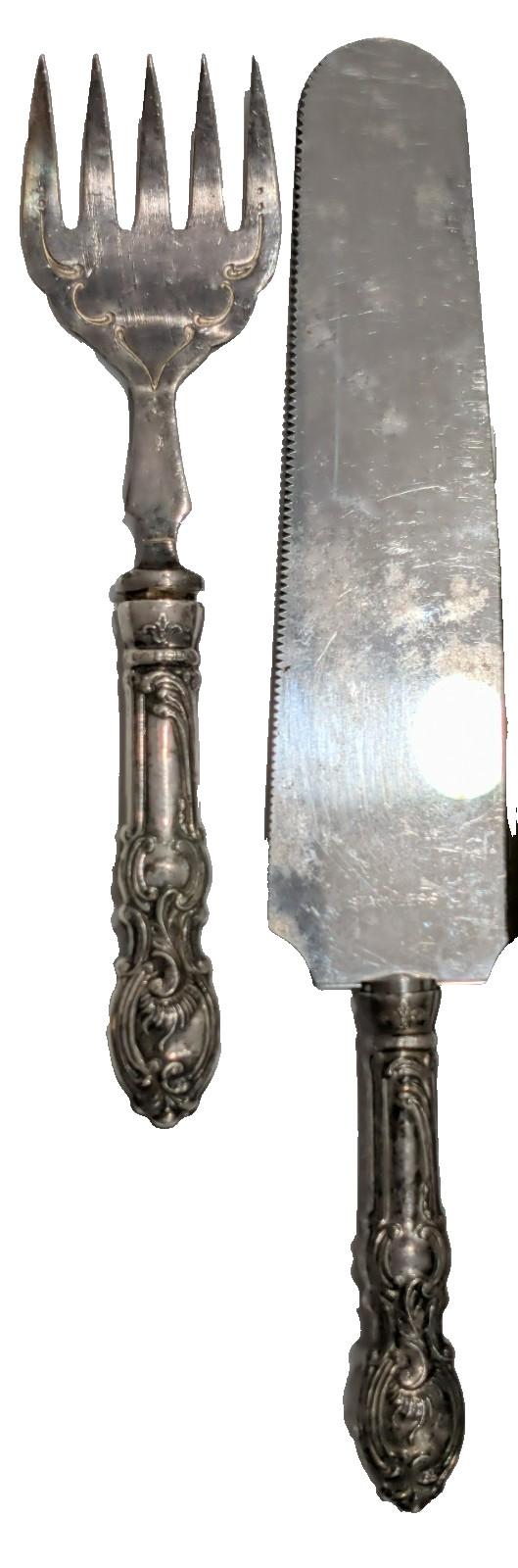 Antique Sterling Silver Handle Cake Pie Server & Serving Fork Set 2pc