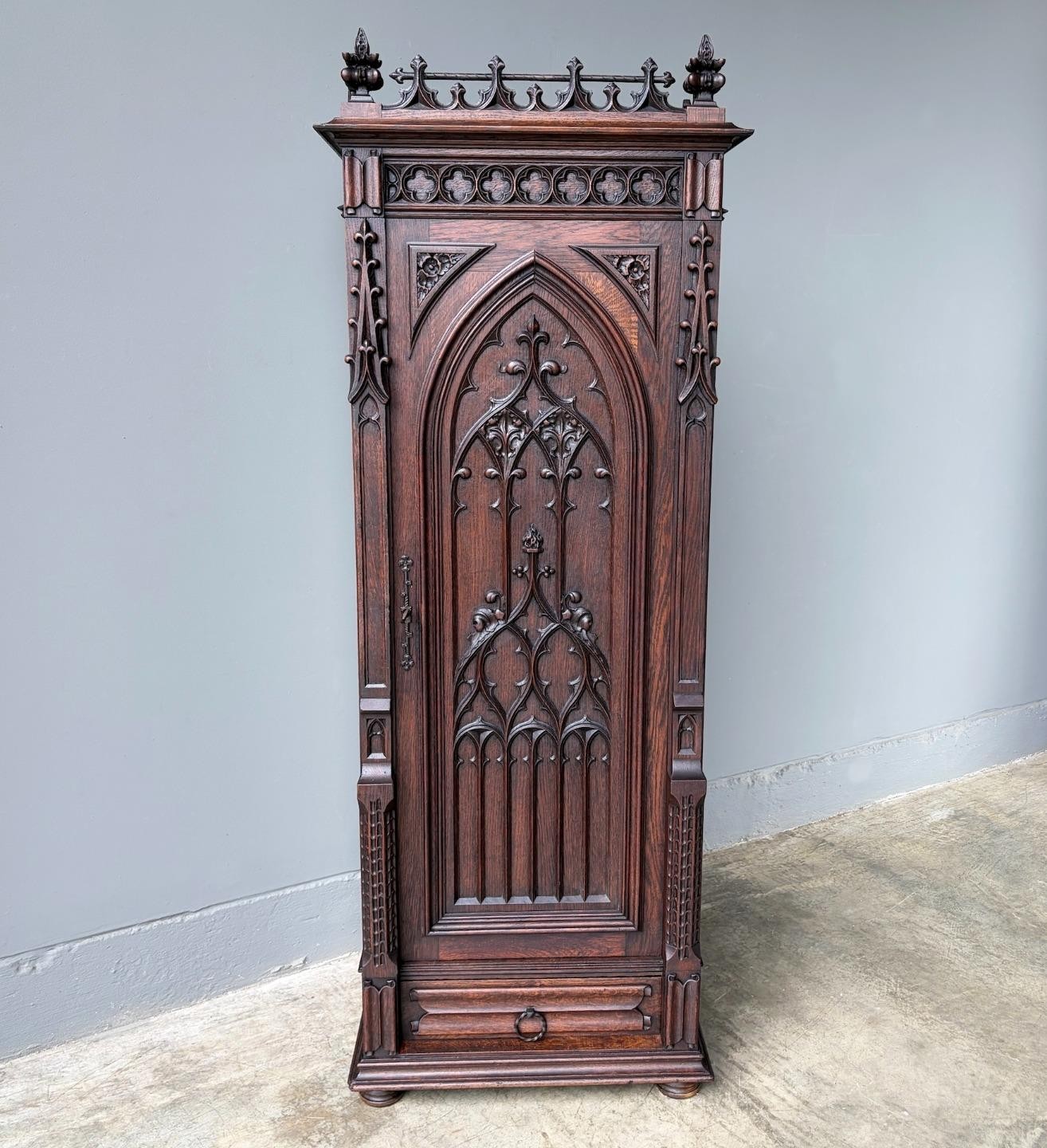 67″ Tall French Antique Gothic Cabinet in Solid Oak Highly Carved Wood