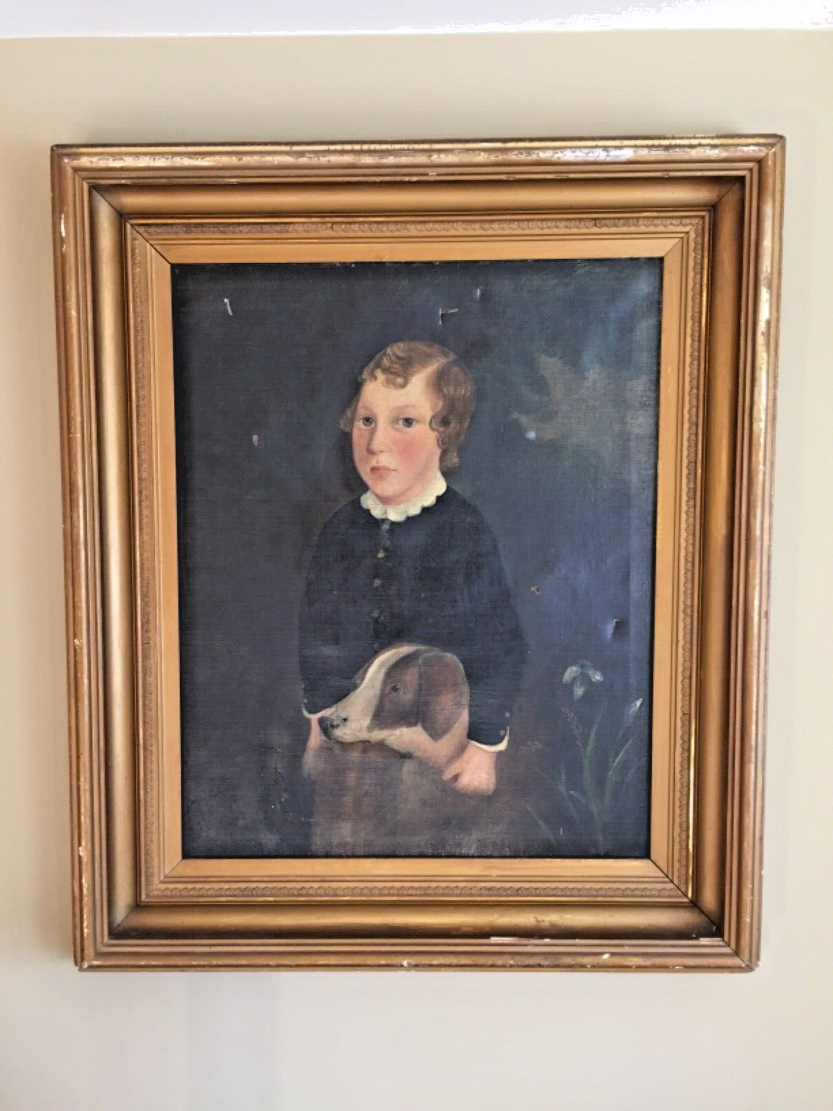 LG antique folk art painting boy with dog gold gilded frame primitive 1840 O/C