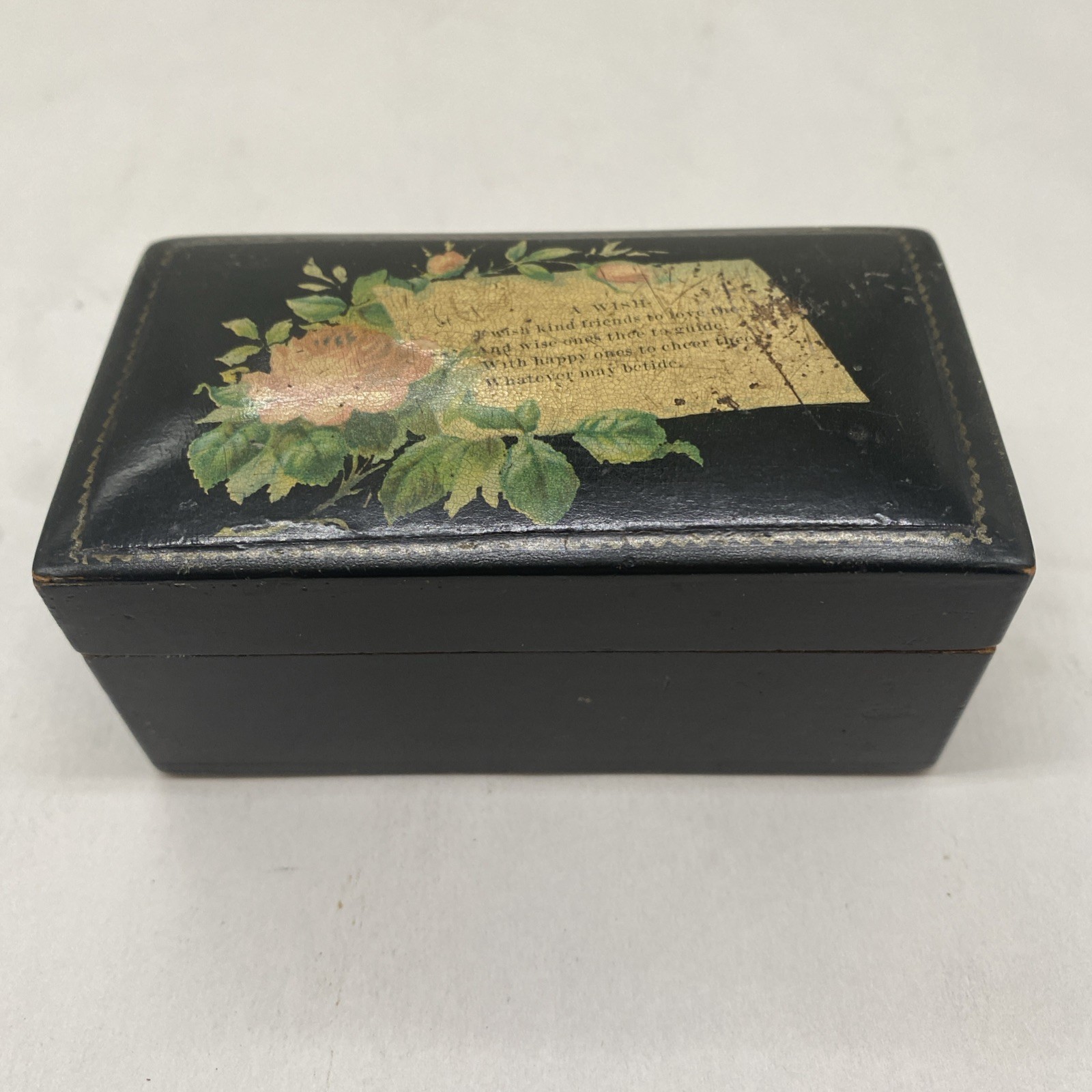 Antique Victorian Mauchline Ware Black Lacquer Trinket Box Sycamore Wood 9cm