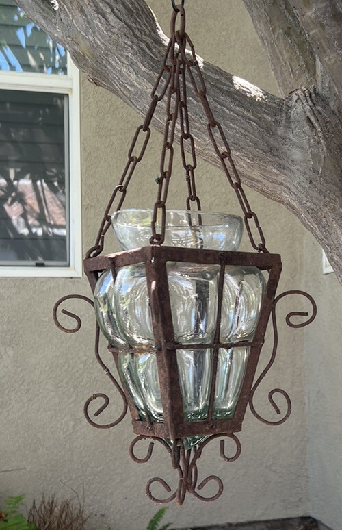 ANTIQUE GOTHIC SPANISH REVIVAL WROUGHT IRON BUBBLE GLASS HANGING LANTERN LIGHT