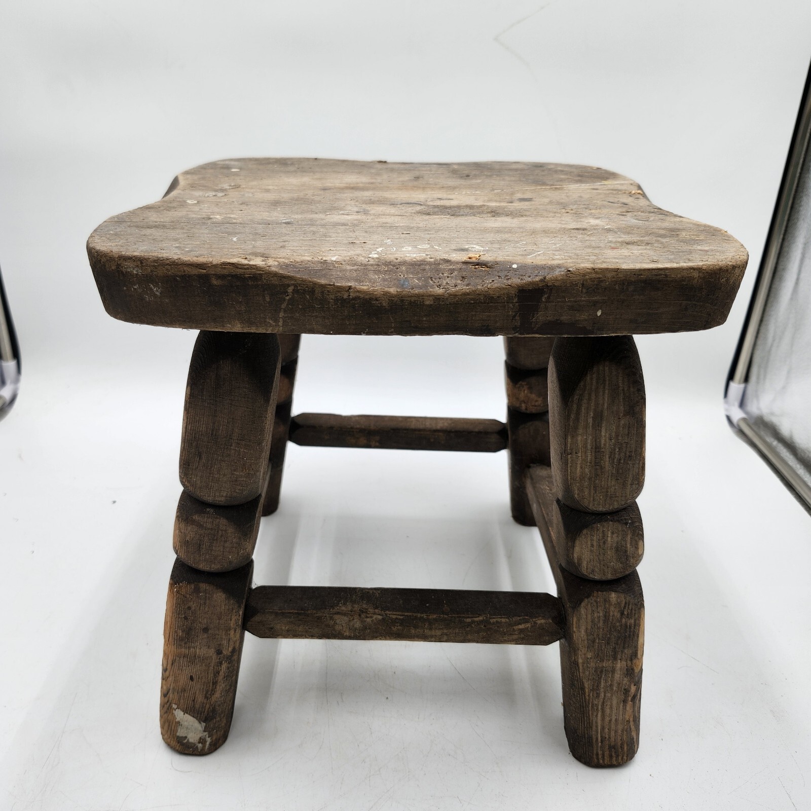 Antique Wood Oak Milking Stool Bench turned legs Decor Seat French Country