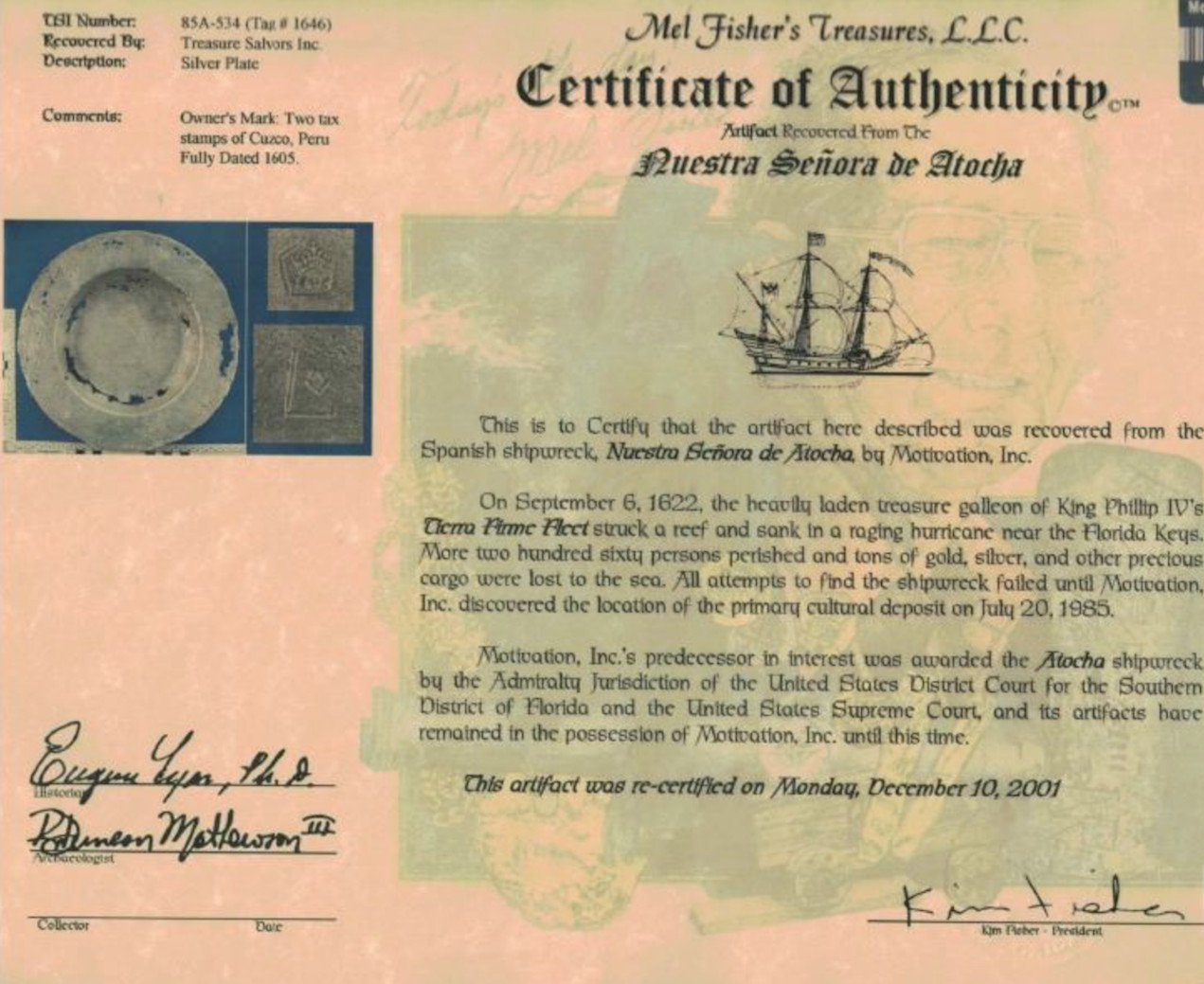 ATOCHA SILVER PLATE PERU 1605 DATED! MEL FISHER COA SHIPWRECK PIRATE GOLD COINS