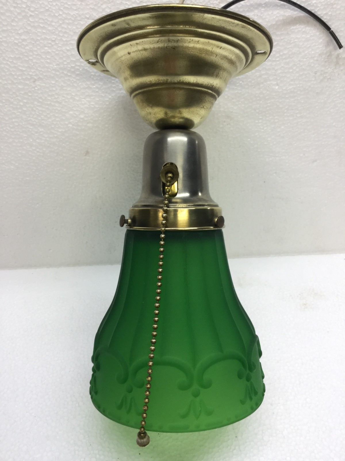 Antique Brass & Nickel Ceiling Light Fixture Green Glass 2 1/4″ Shade Pull Chain
