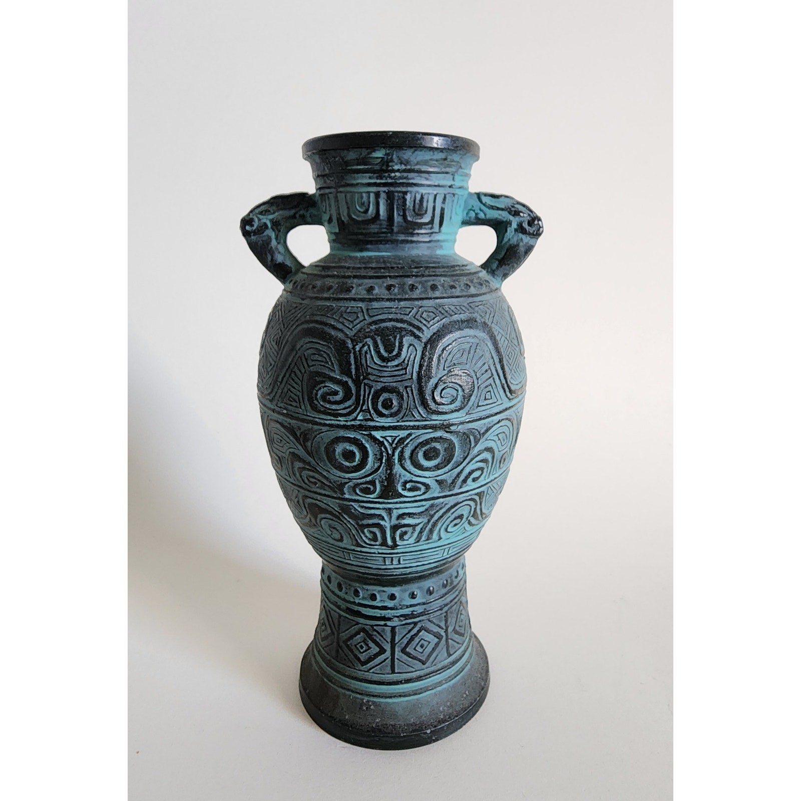 Chinese Taotie Style Vase Green Patina Tribal Verdigris Design 7” Marked