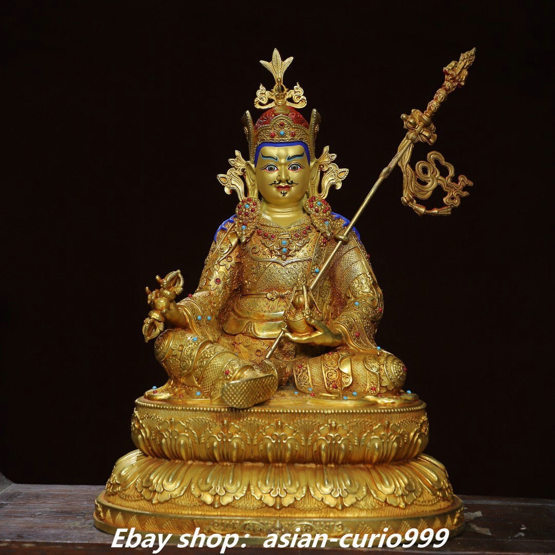 Bronze Gilt Painting Inlay Gem Guru Marpa Padmasambhava Rinpoche Buddha Statue