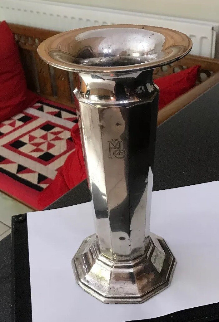 VINTAGE WEIGHTED SILVER PLATE MAPPIN & WEBB FLOWER VASE MECCA CAFES ADVERTISING