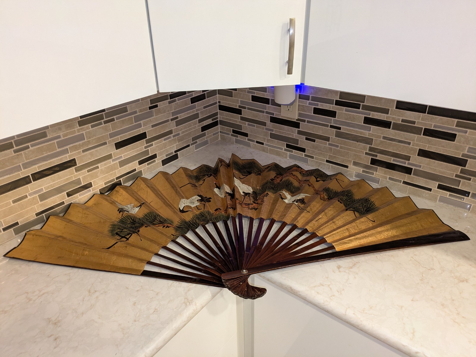 Vintage Hand Painted Large Folding Fan, Birds and Tree Branches (53″)