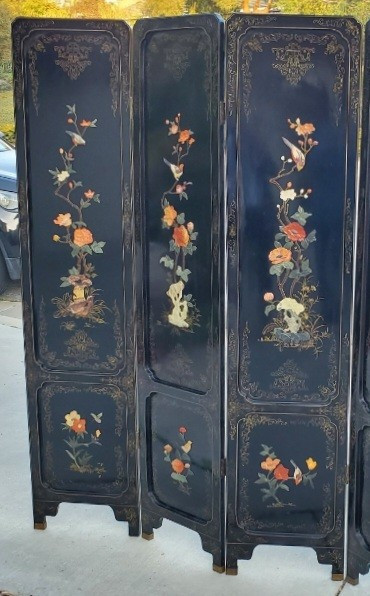 Large Six-Panel Chinese Hardstone & Lacquer Folding Screen Chinese, Early 20 C
