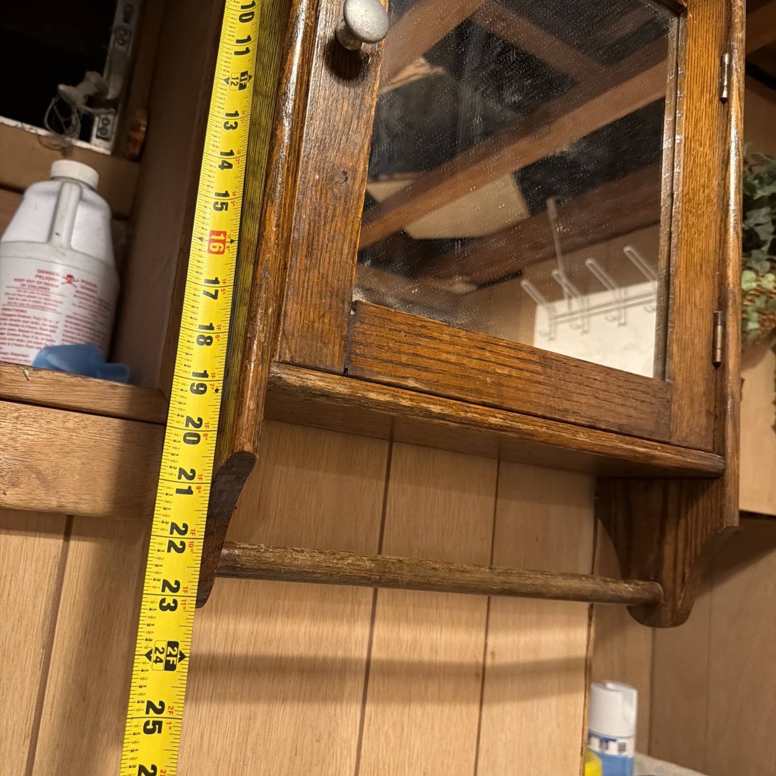 Antique Oak Bathroom Medicine Cabinet with Mirror and Towel Bar 1930s