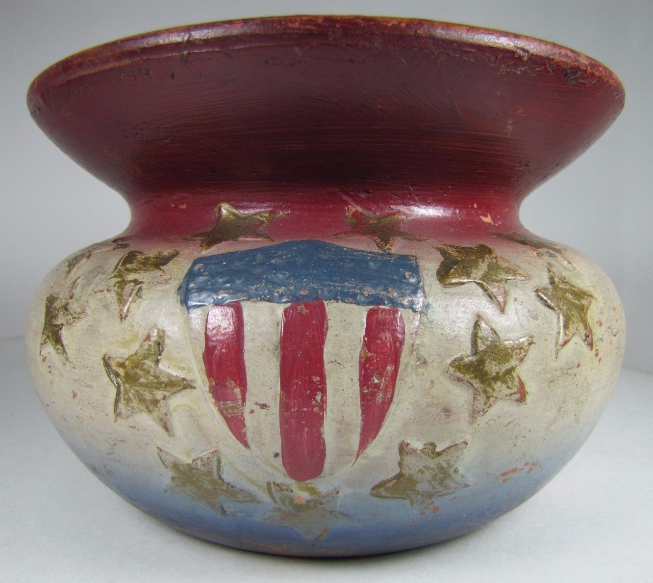 USA Crest Thirteen Star Antique Redware Americana Pottery Spittoon Cuspidor Pot