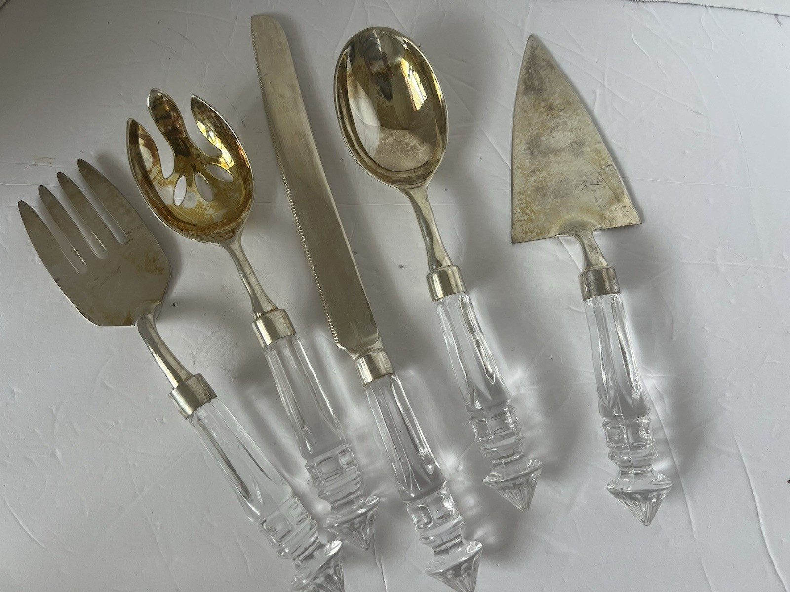 Vintage Silverplate Serving Set Glass Handles Salad Fork Spoon Knife Server MCM