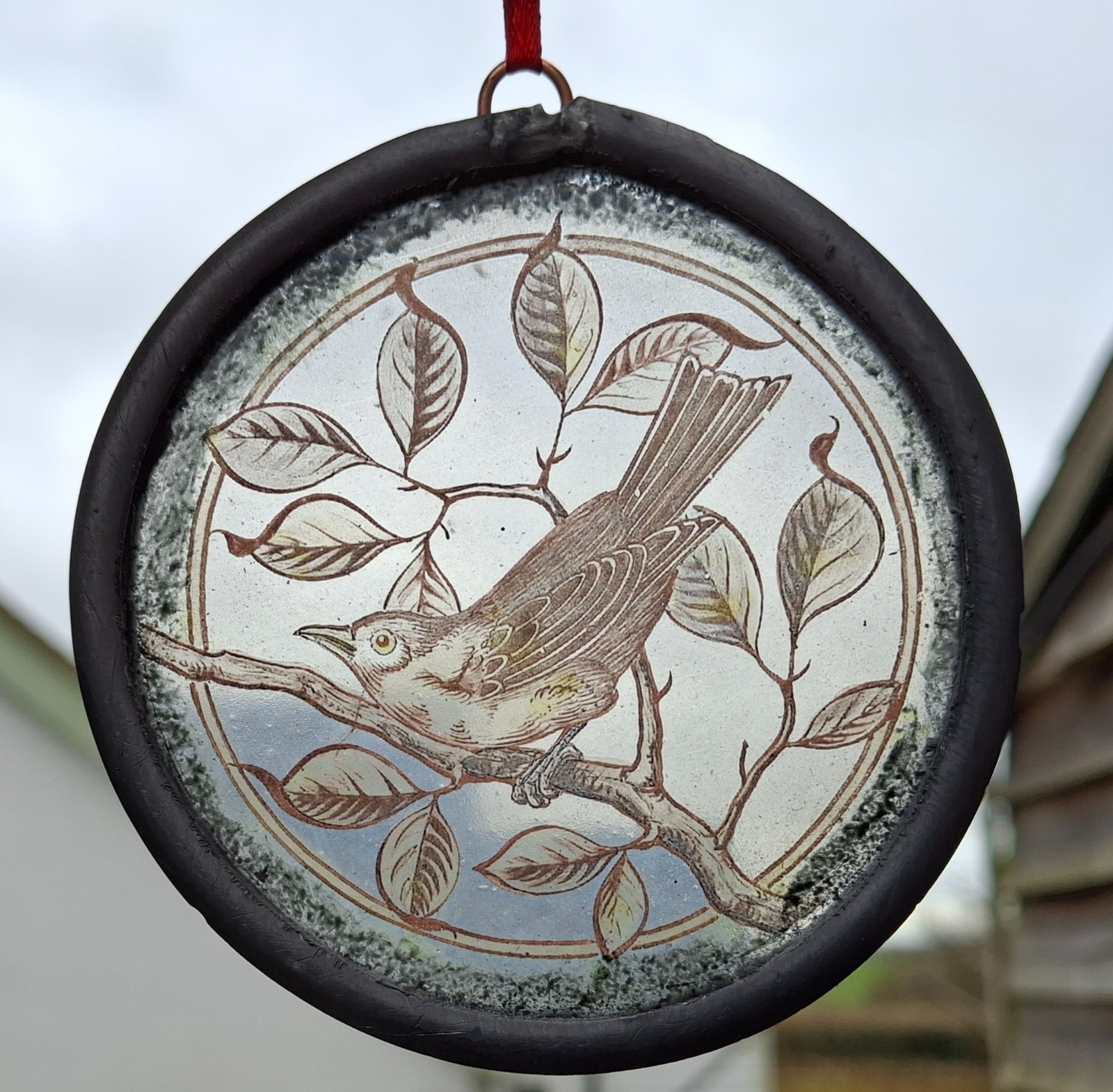 Stained glass handmade leaded painted bird roundel permanently kiln fired