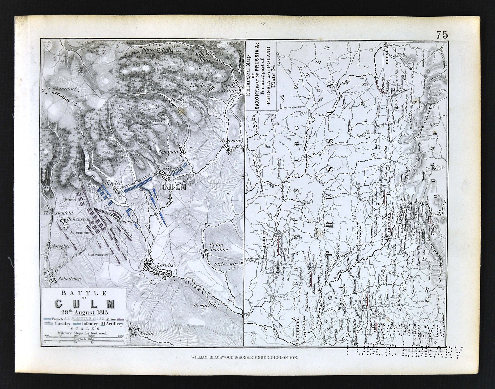 1850 Johnston Military Map Napoleon Battle Culm Prussia Kulm Bohemia Antique