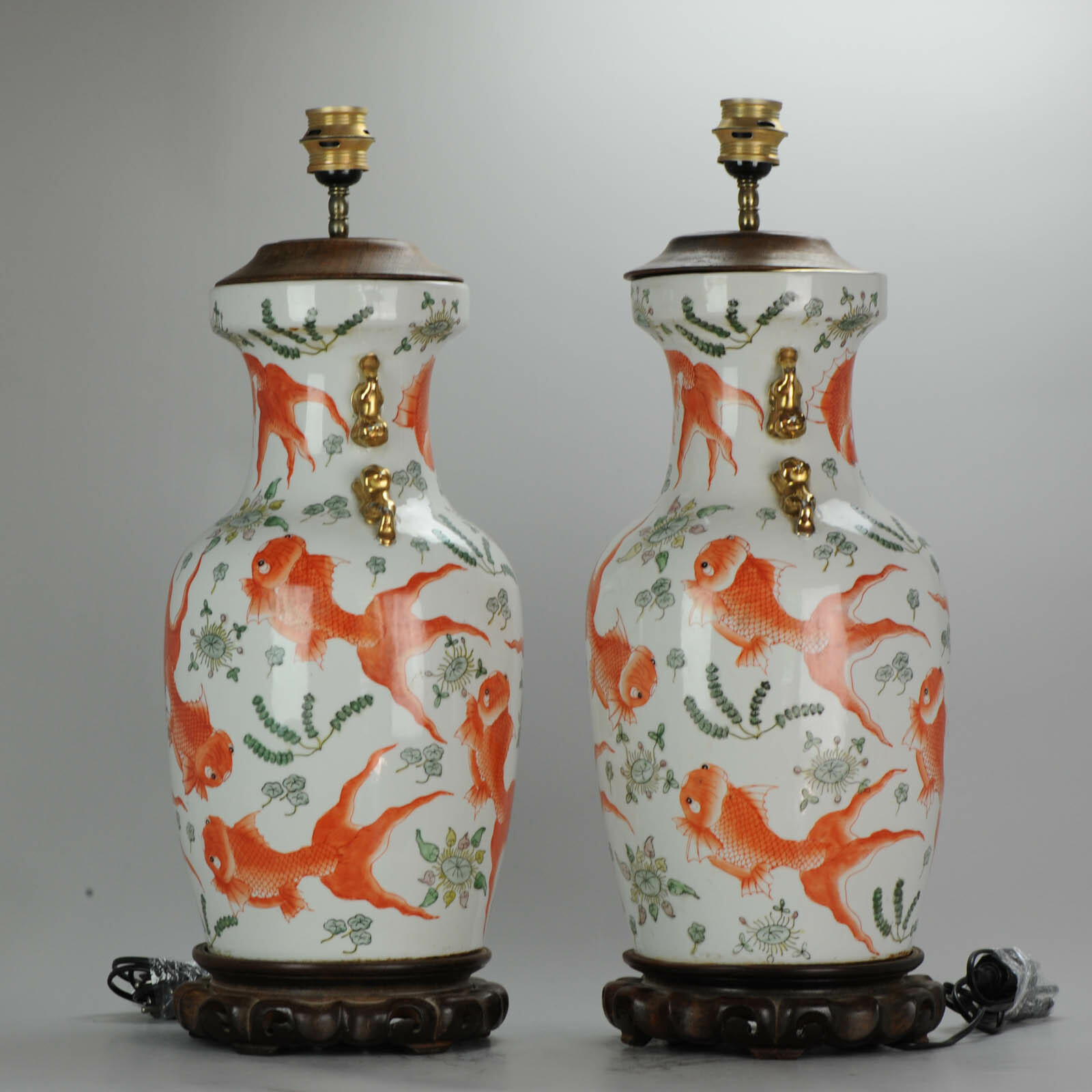 PAIR Chinese porcelain Vases PROC Lamp Goldfish Interior Foo Lion