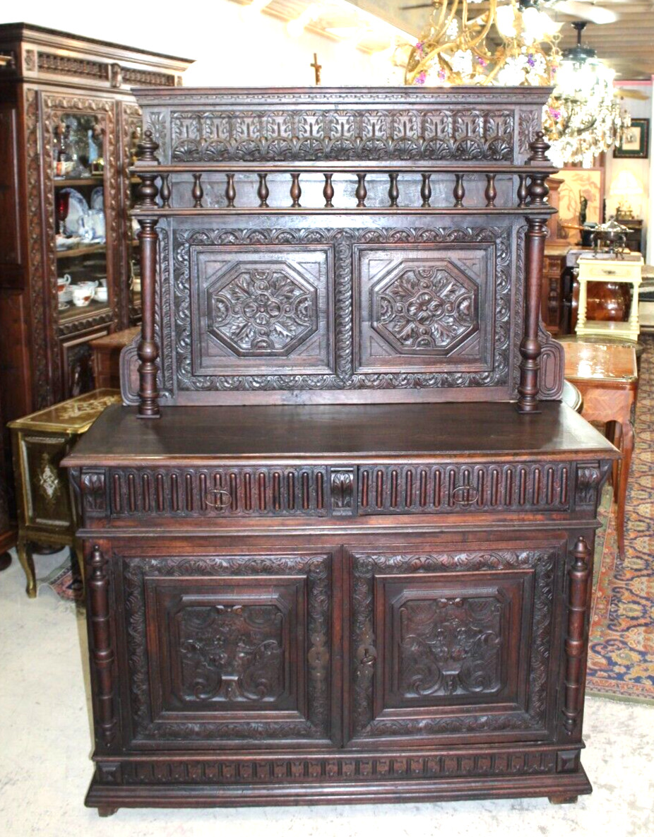 French Antique Renaissance Dark Oak Wood Buffet / Sideboard /Server Circa 1820