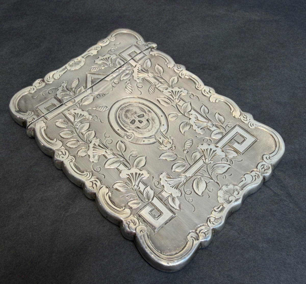 1869 Victorian Memento Mori Skull Pocket Business Card Case Box Engraving Vine