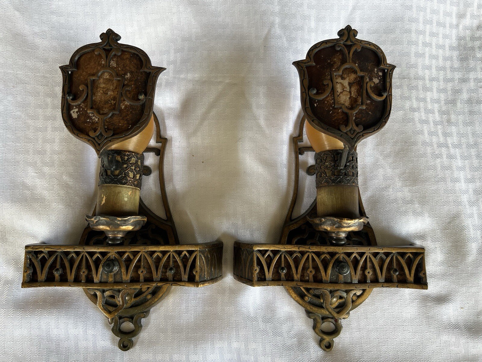 Vintage Pair of Spanish Revival Wall Sconces Electric Lights with Mica Shades