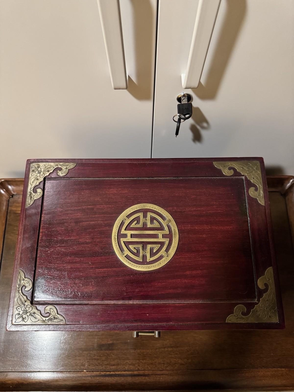 Vintage Chinese Style Wooden Jewelry Box Chest Brass Hardware Ring Storage
