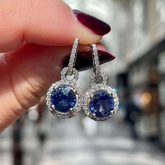 Round Cut Sapphire & Lab Created Diamond Wedding 14Ct White Gold Finish Earrings