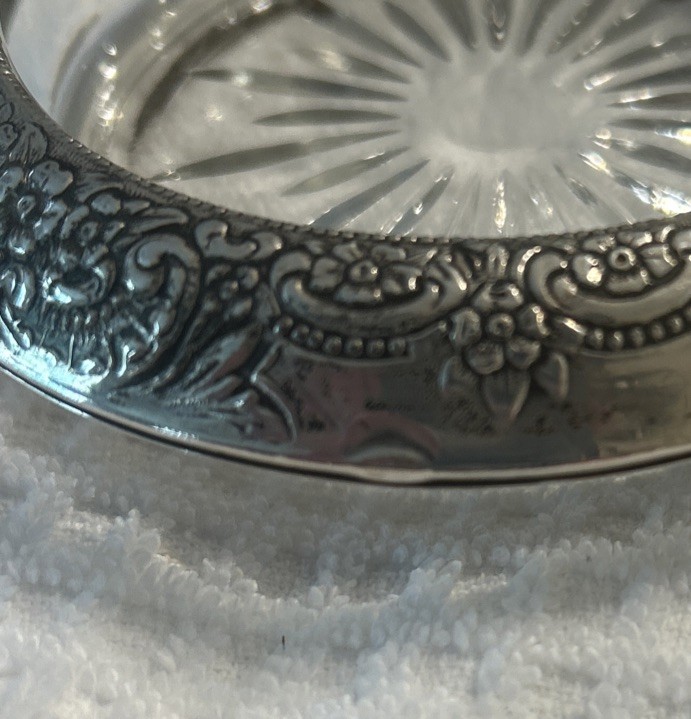 Vintage Botticelli Pattern Frank M Whiting Sterling Silver Glass Coasters. Two.