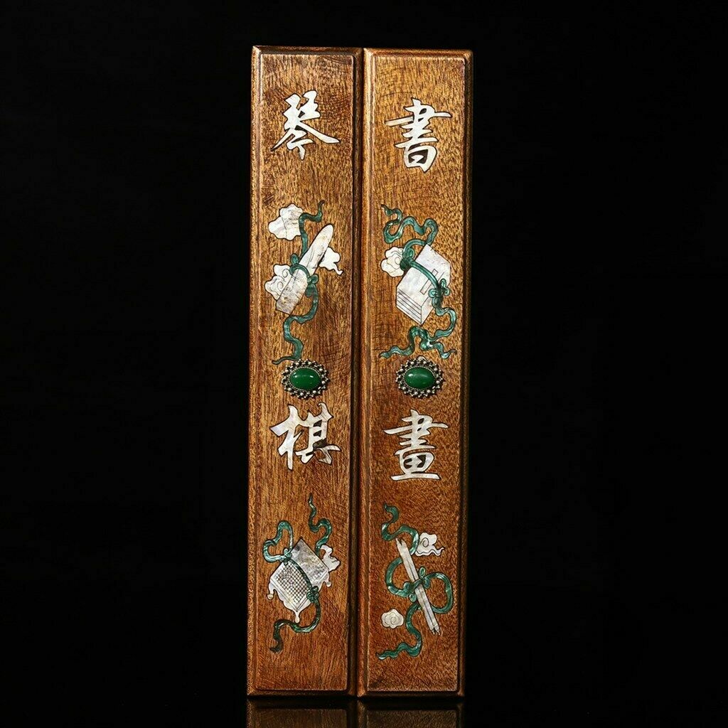 A Pair Chinese Natural Rosewood Inlaid shells Hand Carved Paperweight Statue 332
