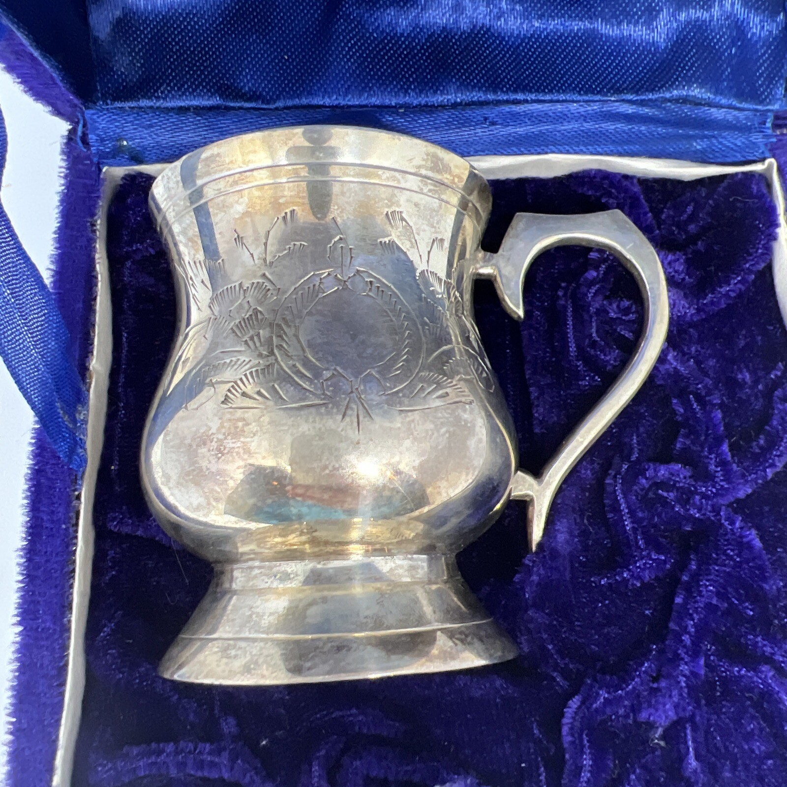 Antique Miniature Silver Cup in velvet blue box etched with flowers. Pre-loved