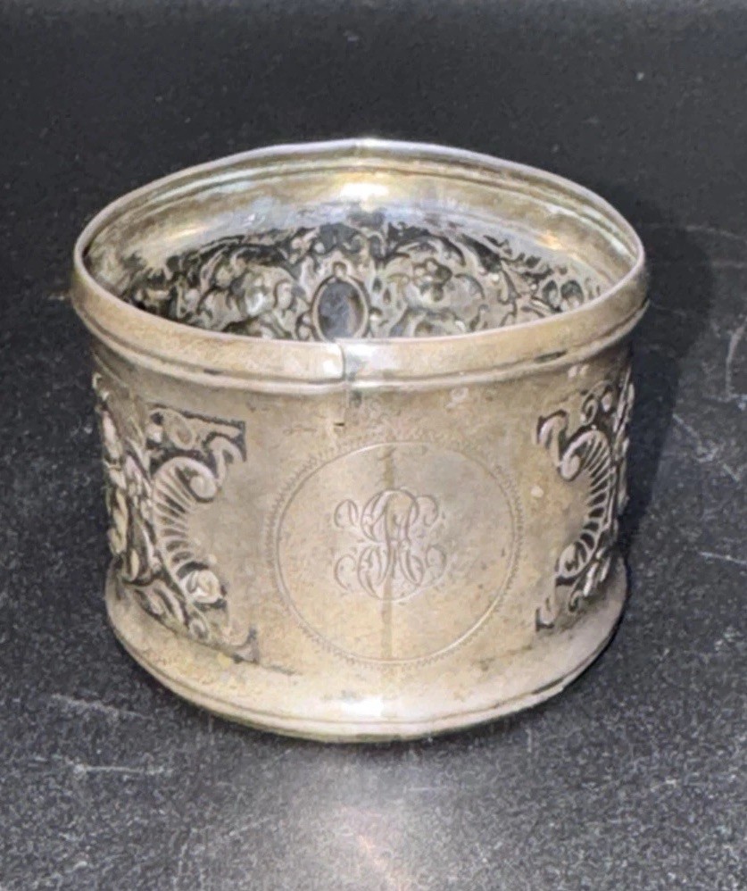 Antique Figural Cherub Repoussé Silver Napkin Ring Ornate Putti Design Monogram