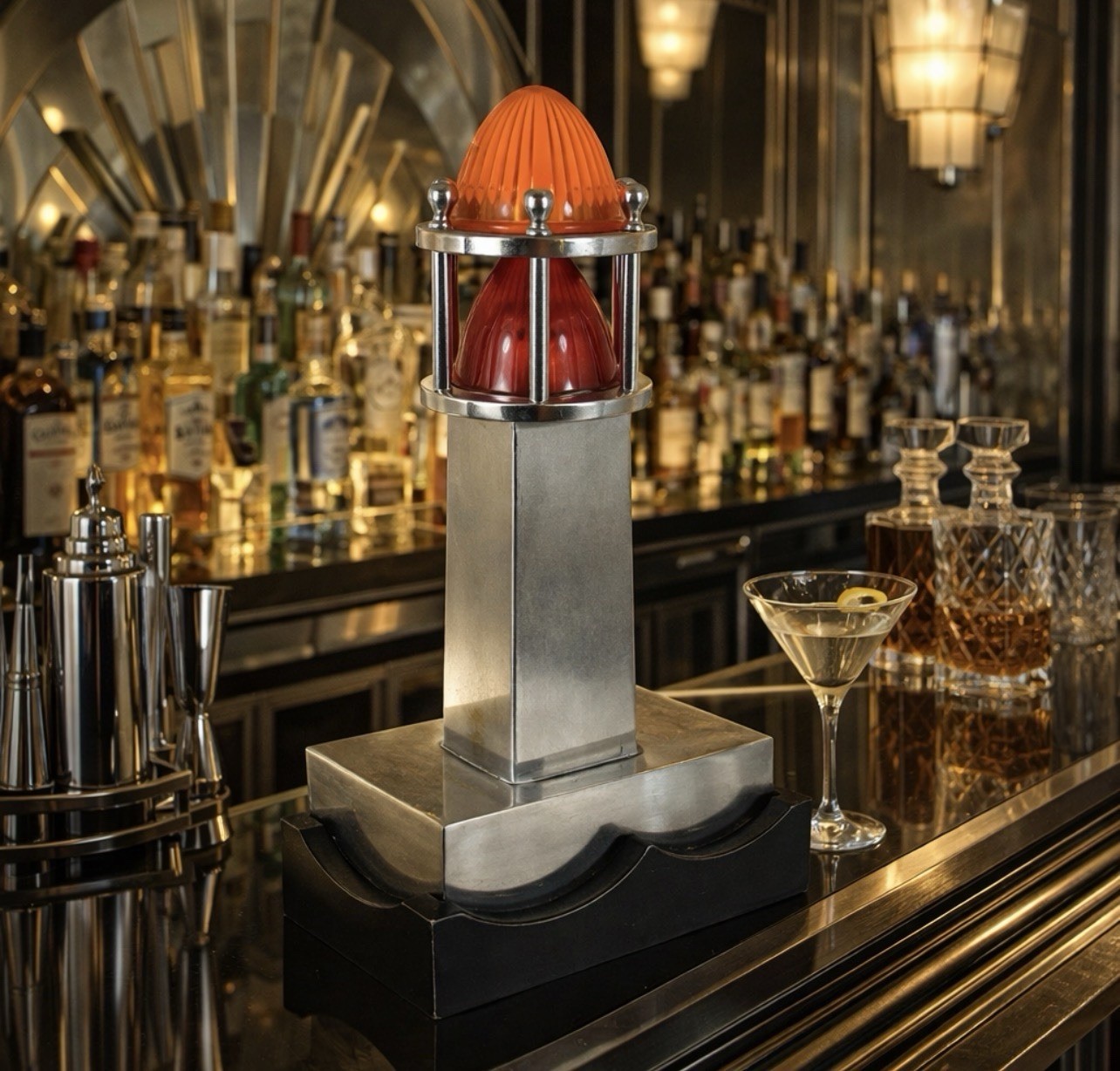 One Of A Kind Art Deco Machine Age Chrome / Wood Lighthouse Table Lamp Light
