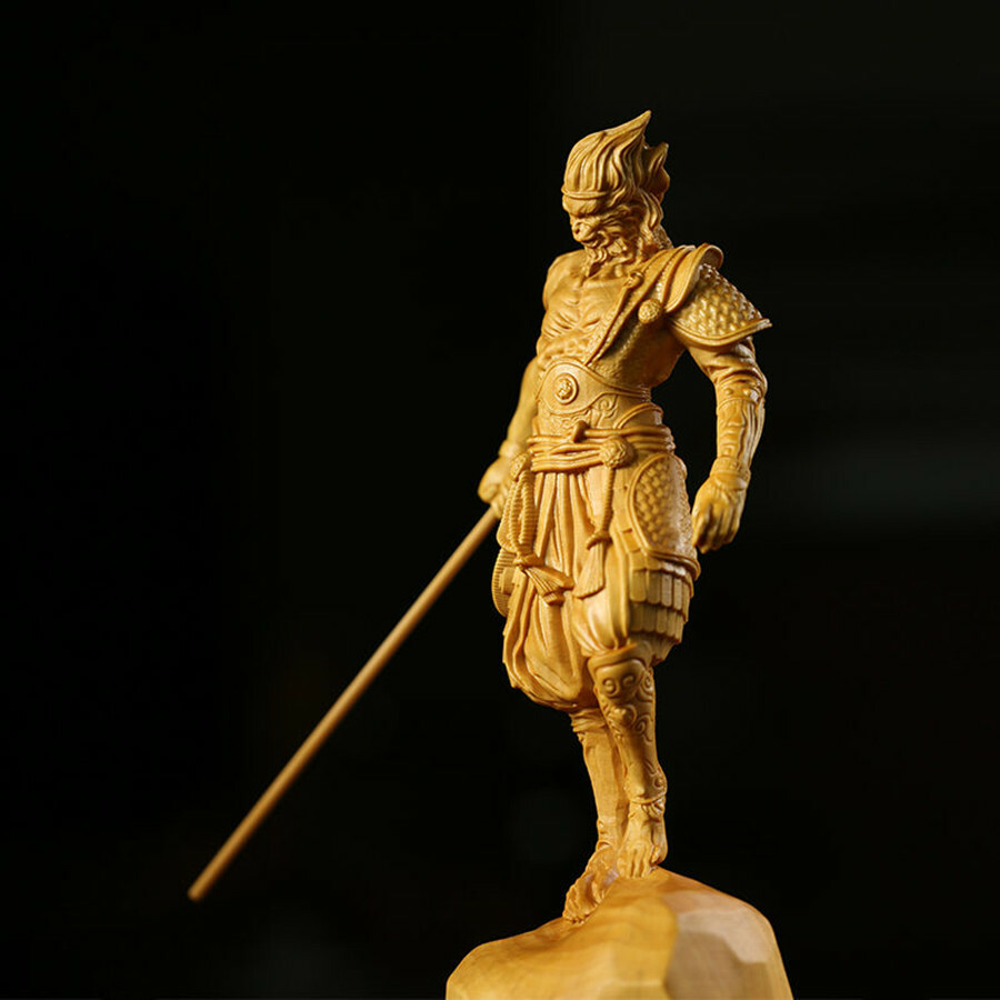 Sun Wukong Statue Monkey King Kung Fu Boxwood Handwork Carving Ornaments