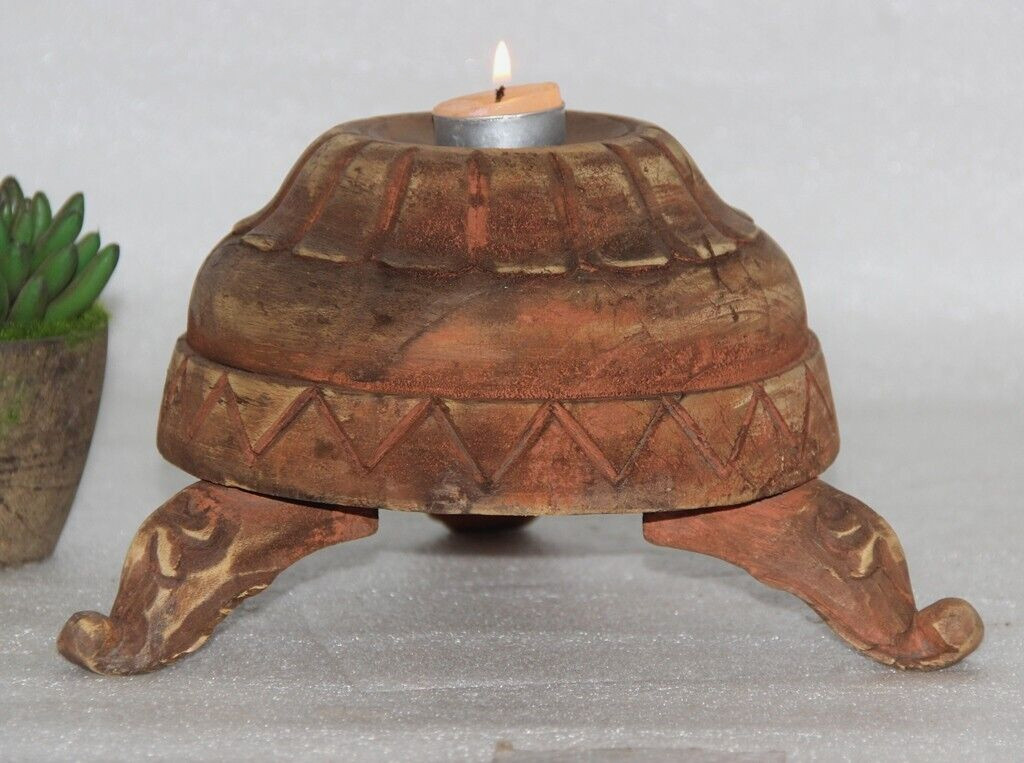 Antique Wooden Tea Light Candle Stand Holder Hand Carved Unique Shape Original