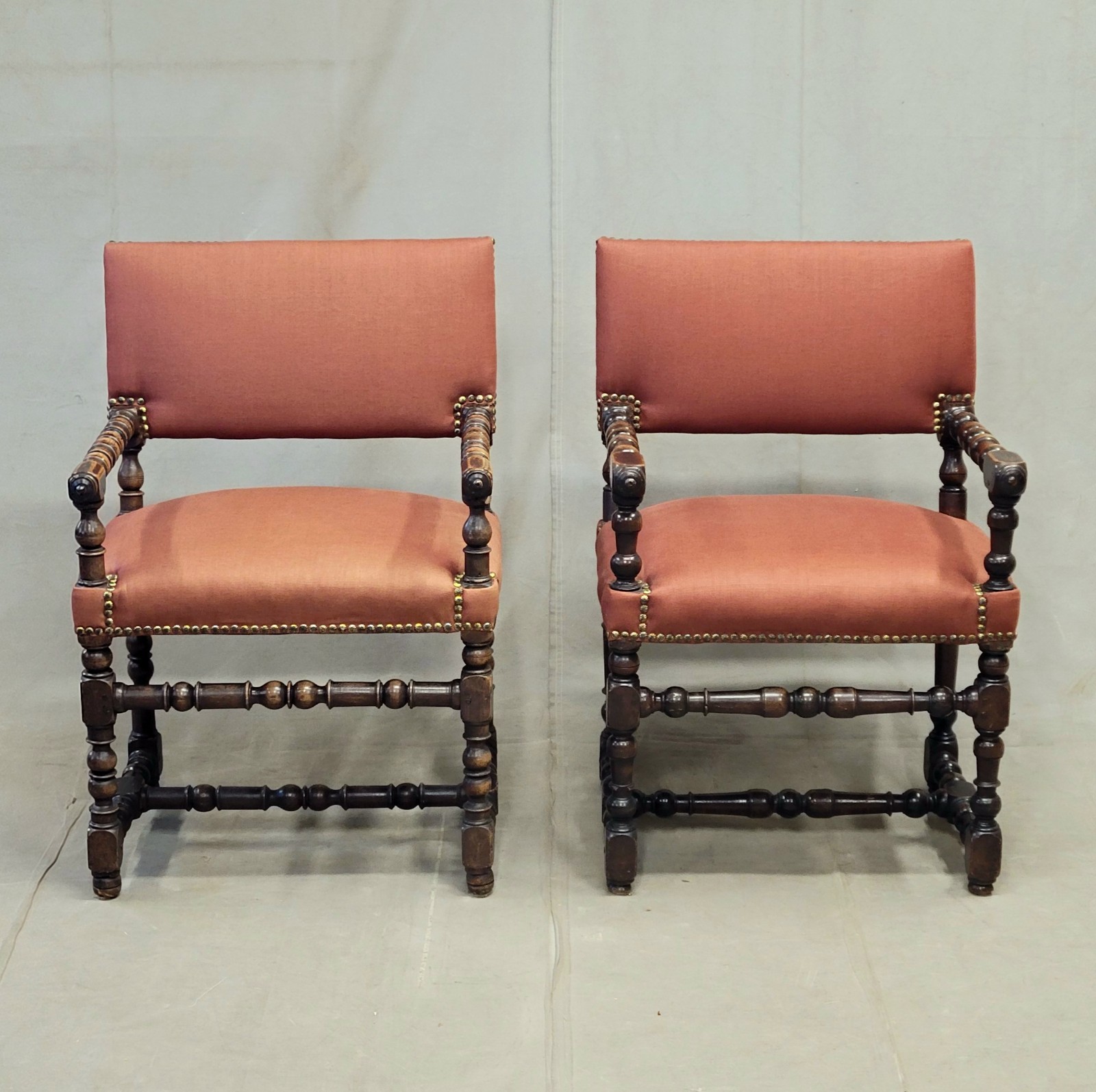 Antique European Renaissance Revival Chairs with Terracotta Linen Upholstery