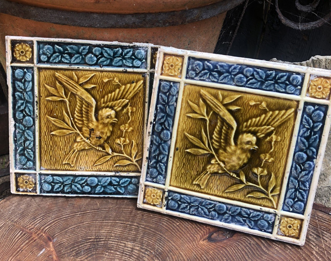 Pottery tiles 2x Victorian aesthetic movement majolica high relief birds 6″ x 6″