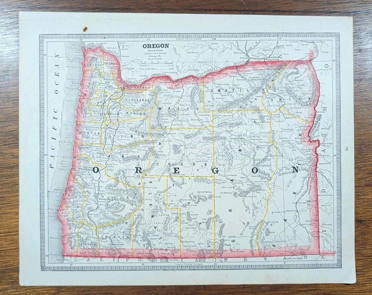 Vintage 1883 OREGON Map 13″x11″ Old Antique Original BEND PORTLAND SALEM EUGENE