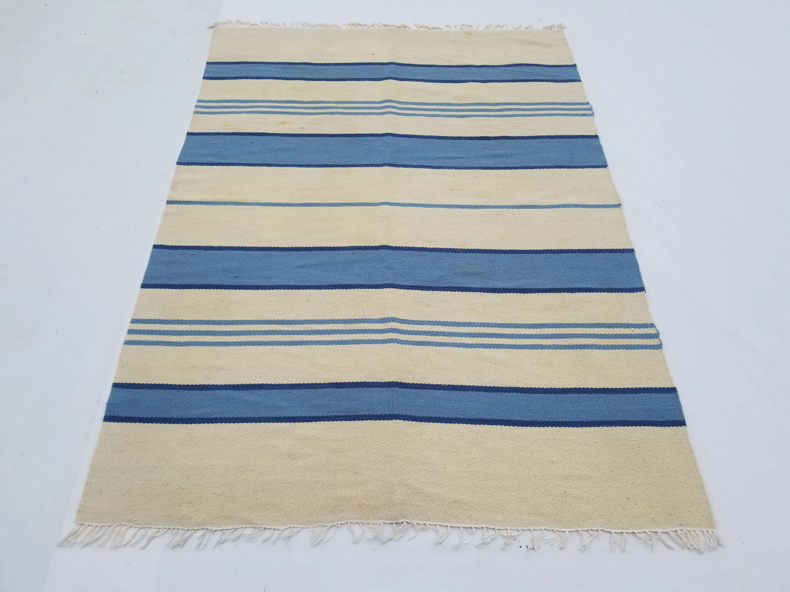 Vintage Handmade Traditional Geometric Blue Beige Kilim Rug Carpet 7.2×5.2ft
