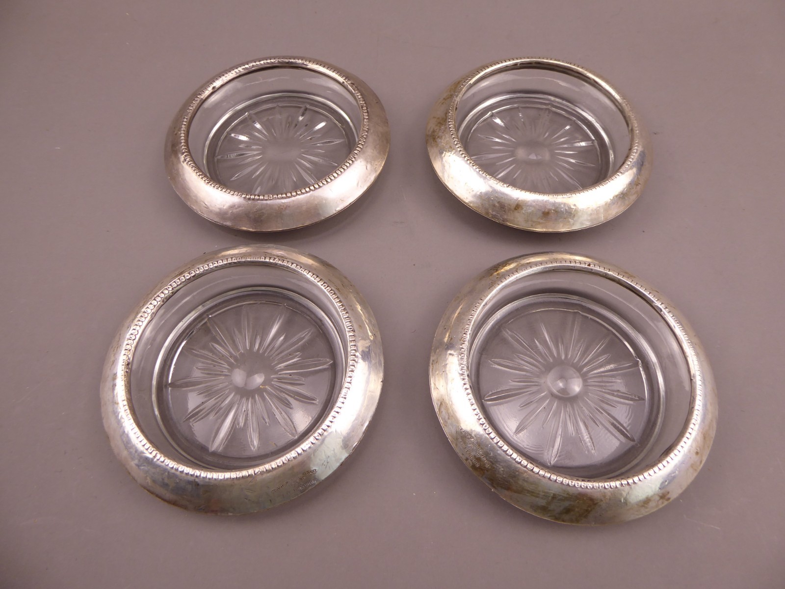 Set of 4 Frank Whiting & Co Sterling Silver & Crystal Glass Coasters Starburst