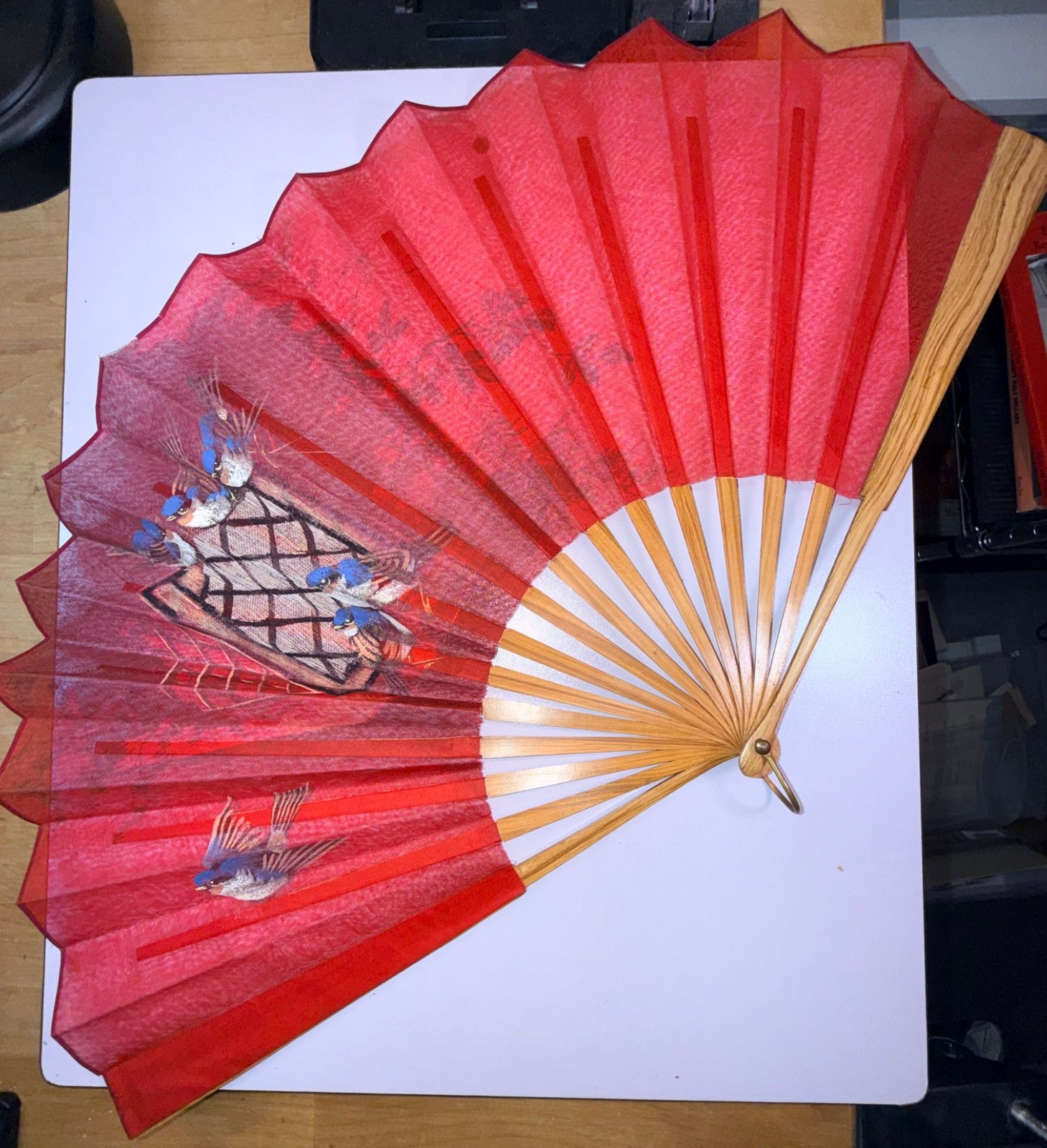 ANTIQUE HAND PAINTED GAUZE FAN WITH BLUE BIRDS FROM THE 1880s