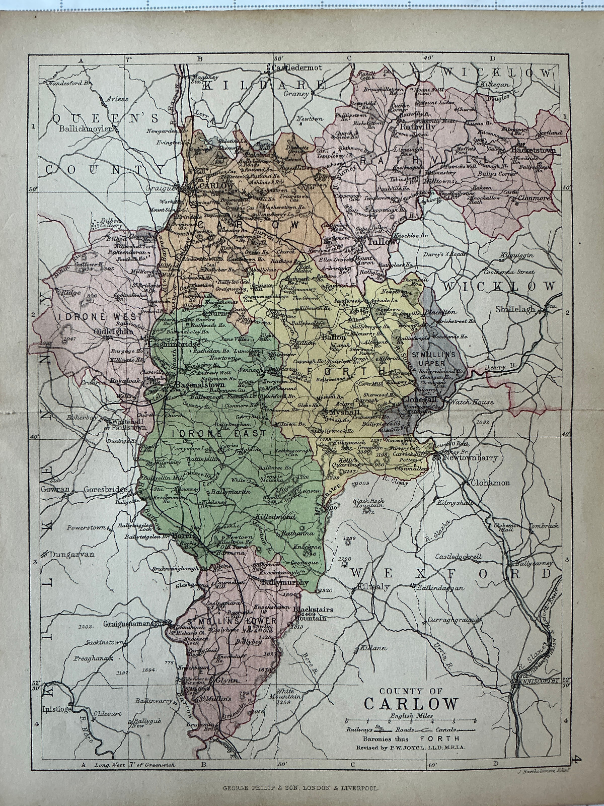 CARLOW – IRELAND 1881 Antique County Map George Philips BAGENALSTOWN Oldleighlin