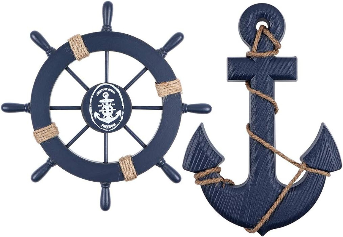 Wooden Nautical Ship Steering Wheel, Small Ship Rudder and Anchor Wall Decor Set