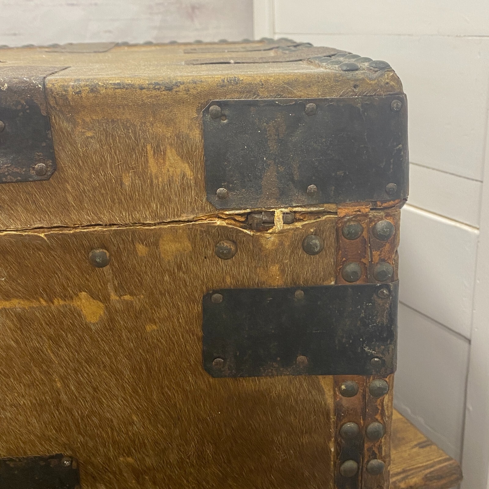 John Woodson Exeter ANTIQUE HIDE COVERED STAGECOACH TRUNK Newspaper Lined VTG