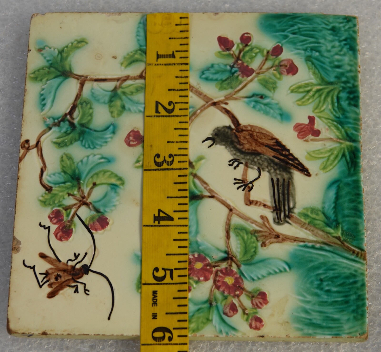 ANTIQUE WALL TILE CHERRY TREE W/ BIRD AND FLY ARTIST GEORG SCHMIDER GERMANY